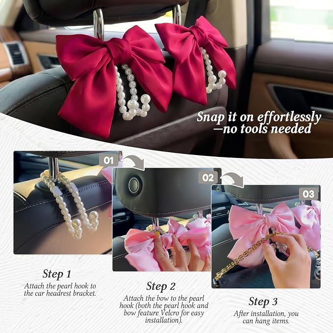 2PCS Satin Bow Pearl Car Seat Headrest Hooks – Car Bag Holder & Vehicle Hanger for Purses – Cute Coquette Aesthetic Interior Decoration – Cute Auto Organizer Accessories Universal (Berry Fuchsia) - Image 6