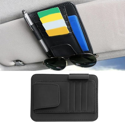 GLSOWEE Leather Car Sun Visor Organizer Clip with Sunglasses Holder, Black | Universal Car Truck Visor Document Holder, Auto Visor Pocket Storage Pouch for Bill Card Registration/Driving License Pen by GLSOWEE