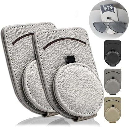 Sunglass Holder for Car Visor, Magnet Adsorbed Sunglasses Holder for Car Accessories Parts, Leather Car Sunglass Holder, Car Visor Sunglasses Clip for Glasses Cards (2PCS, Gray) by Sufilux