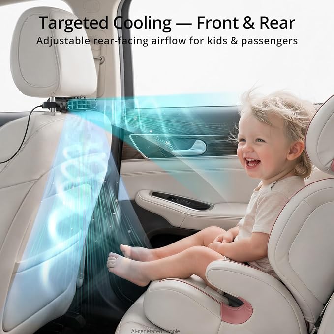 Car Seat Fan with Dual Seatback Cooling Airflow for Driver & Kids | Corded USB Powered, Baby Rear Facing, 3-Speed Quiet Car Fan, Headrest Back Seat Fan for Infant, Kids & Dogs - Image 3