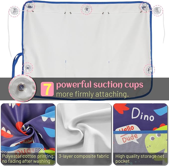 DIZA100 Car Window Shade for Baby, 2 Pack Car Sun Shades with Storage Net Pocket Auto Window Curtain 7 Suction Cups Blue Dinosaurs for Sun/Heat/UV Rays Protection Kids - Image 5