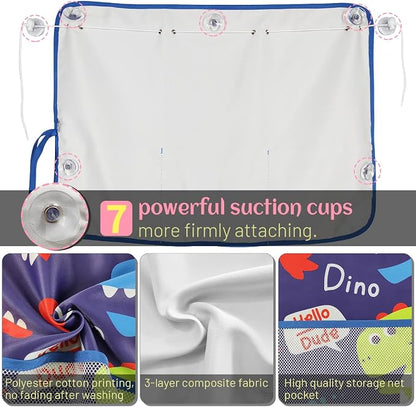 DIZA100 Car Window Shade for Baby, 2 Pack Car Sun Shades with Storage Net Pocket Auto Window Curtain 7 Suction Cups Blue Dinosaurs for Sun/Heat/UV Rays Protection Kids - Image 5