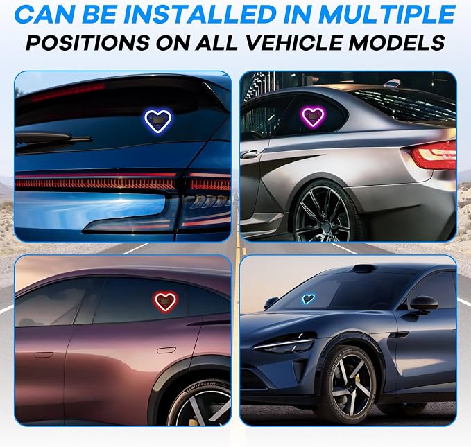 4PCS Car Window Wireless LED Ambient Light Solar Powered Love Heart Shaped Neon Lamp for Night Driving Interior Decor Accessories Romantic Gift for Women Girl Couples-Ice Blue - Image 5