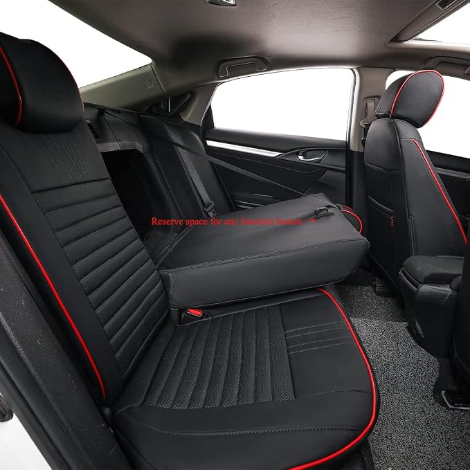 EKR Civic Seat Covers Custom Fit for Honda Civic (Hatchback) 2017 2018 2019 2020 2021 (Rear W/Armrest),Waterproof Leather Car Seat Cover Full Set,Faux Leather(Black with Red Trim) - Image 4
