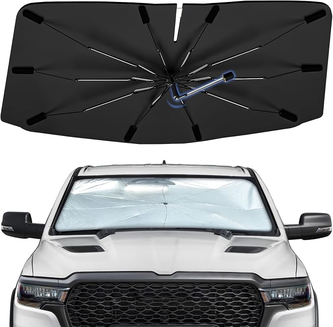 Windshield Sun Shade Umbrella for Dodge RAM 1500 2013-2026 Front Window | Foldable Car Sunshade, 360 Rotation Automotive Interior UV Protection for Outdoor Parking, Keep Car Cool by Bocvam