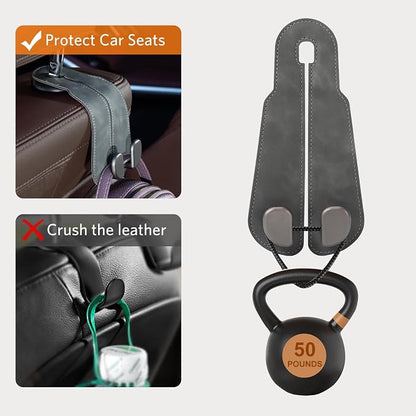 CoBak Purse Hook for Car - Universal Premium Stitched Leather and Aluminum-Magnesium Alloy Double Car Seat Back Storage Hook for Purses, Handbags, Bags (2 Pack),Gray - Image 4
