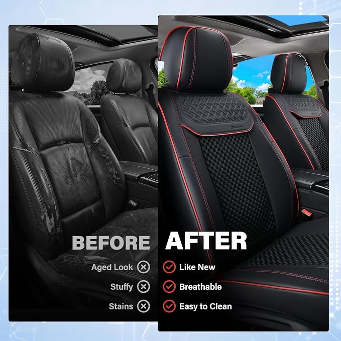 Coverado Leather Seat Covers for Car, Waterproof Car Seat Covers Full Set, 2 in 1 Conversions Car Seat Cover Protector Car Accessories Universal Fit for Most Cars SUVs and Trucks (Black&Red) - Image 5