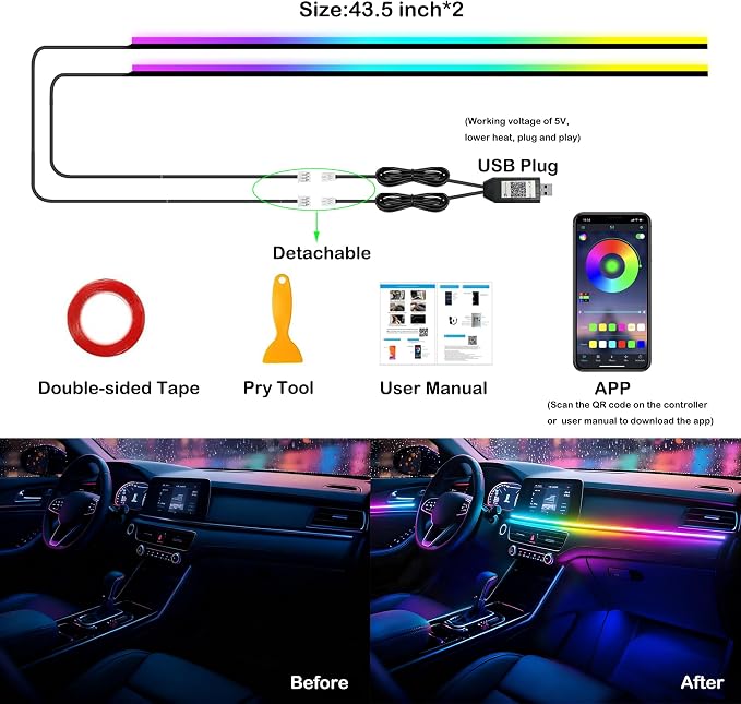 Acrylic Interior Car LED Strip Lights, USB Dreamcolor (2 in 1) | Acrylic LED Lights for Car with Wireless APP and Button Control, RGB Dynamic Chasing, Music Sync Ambient Lighting Kits - Image 8