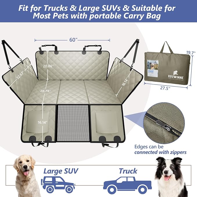 Dog Truck Seat Cover for Back Seat, Hard Bottom Pet Hammock, XL | for F150, RAM1500, Sierra, Tundra, Silverado Full-Size Crew Cab Trucks, Extender Space, Sturdy Oxford, Waterproof, Khaki - Image 4