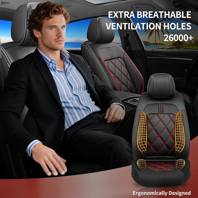 K5 Car Seat Covers Custom Fit for Kia K5 2021-2025 2026, Full Coverage Leather Waterproof Breathable Seat Covers, Automotive Seat Protectors, Airbag Compatible(2 Front Seats, Red & Black) - Image 6