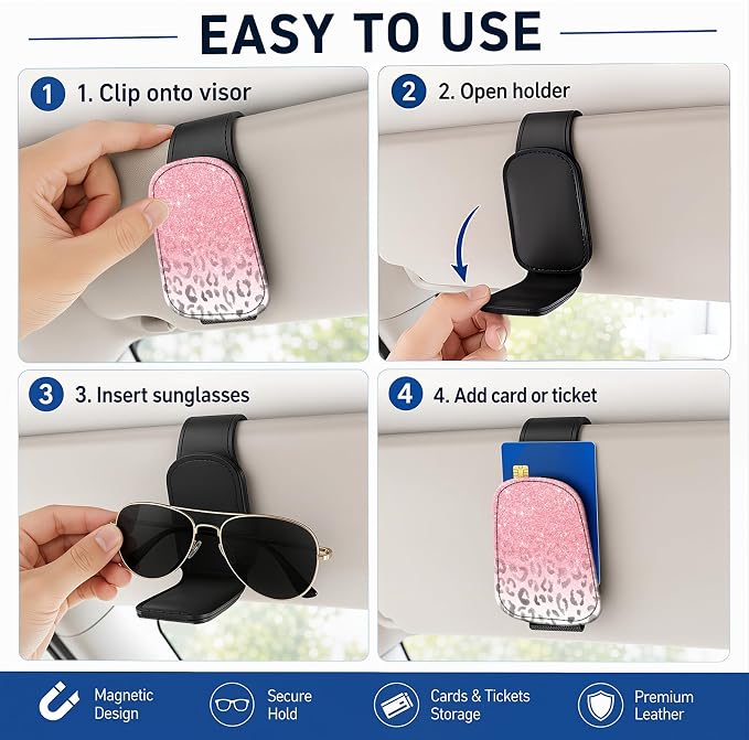 Leather Magnetic Sunglass Holder for Car Sun Visor, Cute Eyeglass Ticket Card Hanger Clip, Universal Auto Interior Accessories for SUV Pickup Truck, Pink Leopard - Image 5