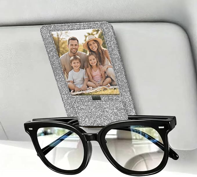 2-in-1 Car Visor Sunglasses & Photo Holder, Magnetic PU Leather Glasses Clip with Picture Display Slot, Universal Sun Visor Organizer for Eyeglasses, Personalized Cards & Memories, Silver Glitter - Image 6