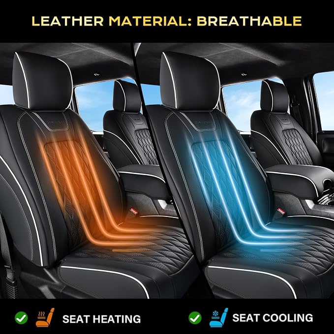 Coverado Premium Leather Front Seat Covers Waterproof Heavy-Duty Protectors Custom Fit for Ford F150 (2015-2026) F250/F350/F450 (2017-2026)-Black w/White Stitching, Wear-Resistant - Image 6