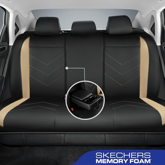 Skechers Car Seat Covers,Luxury Faux Leather Seat Covers,Waterproof Anti Slip Car Seat ProtectorFull Set,Car Accessories Airbag Universal Fit for Most Cars,Vans,Trucks,SUV,Beige - Image 3
