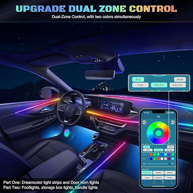 Dreamcolor Acrylic Interior Car LED Strip Light with Wireless APP, RGB 22 in 1 with 175 inches 612 LEDs Fiber Optic Strip Lights for Car, Dual Zone Symphony Neon Car Ambient Lighting - Image 4