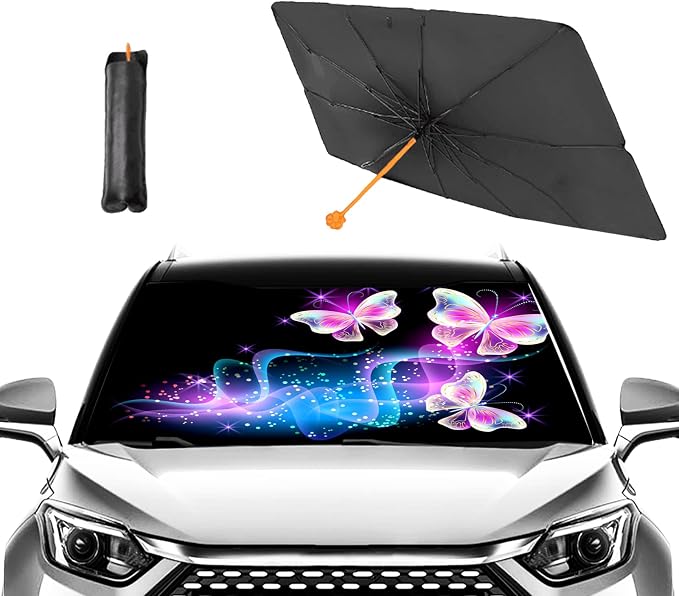 Purple Butterfly Car Sunshade - Windshield Umbrella, UV Rays Block, Heat & Cool Vehicle, Foldable Reflective Sunshade (57 x 31 in) by Unknown