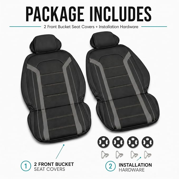 FH Group Front Set Faux Leather Car Seat Covers Cushions for Low Back Seat, Universal Fit, Airbag Compatible Seat Cover for SUV, Sedan Gray/Black - Image 7