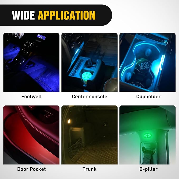 Nilight 2 PCS 7 Colors Wireless Magnetic RGB LED Interior Lights | USB Rechargeable Universal Mini Sticky Footwell Ambient Atmosphere Reading Lamp with Touch Sensor, Portable Night Lighting - Image 5