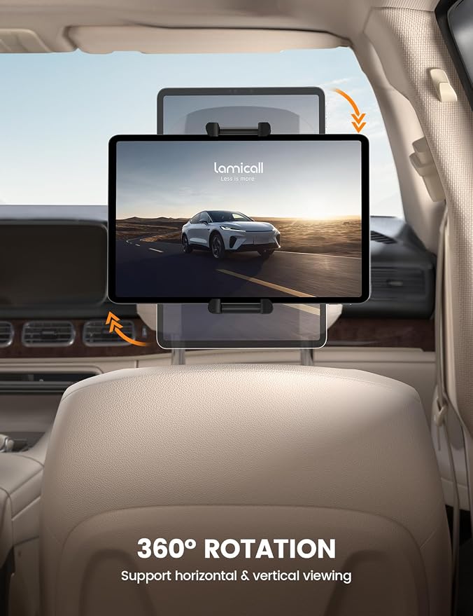 Lamicall Tablet Holder for Car Headrest - [Thick Case Friendly] | 360° Rotation, Car Tablet Mount for Backseat, Road Trip Essentials for Kids, for iPad Pro, Galaxy, Fire HD, 6.1-13" Tablets - Image 2
