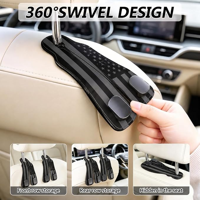 Cute American Flag Car Seat Back Storage Headrest Hooks for Purses & Bags – 2PCS PU Leather Dual Metal Hooks, Backseat Organizer Accessories - Image 4