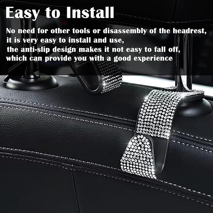 OSIFIT 2PCS Car Seat Hooks, Bling Rhinestone Headrest Hooks, Universal Bling Car Interior Accessories, for Handbag, Clothes, Purse, Water Bottle (White) - Image 3
