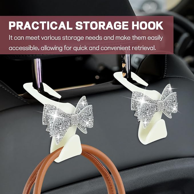 2PCS Bling Bow Car Seat Headrest Hook, Cute Bow Purse Hanger for Cars, Crystal Rhinestone Auto Seat Back Storage Hanging Hooks for Handbag Umbrella Coat Grocery Bags, Car Accessories (White) - Image 6