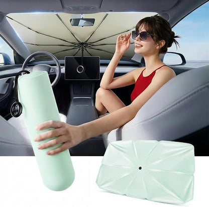 Windshield Sun Shade Umbrella, Large, Green and White, 99% UV Protection | Heat Insulation and Cooling, for Cars SUVs Trucks and Vans, Storage Bag Included, Flexible Fiberglass Ribs, for Daily Parking by AUTOWOEL