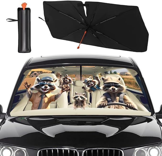 2025 Upgrade Funny Animals Car Windshield Sun Shade Umbrella 5 Layers Nano Coatings Raccoon Driving Car Front Window UV Block Sunshade Cover for Most Cars SUV, Universal Size 57"x30" by Hello+Gorgeous