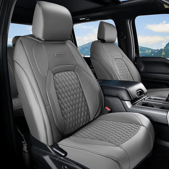Coverado Chevy Chevrolet Silverado GMC Sierra Seat Covers, Custom Fit for 2007-2026 1500, 2015-2026 2500HD 3500HD Crew Double Extended Cab Truck, Faux Waterproof Leather Seat Covers (Front, Gray) by COVERADOAUTO