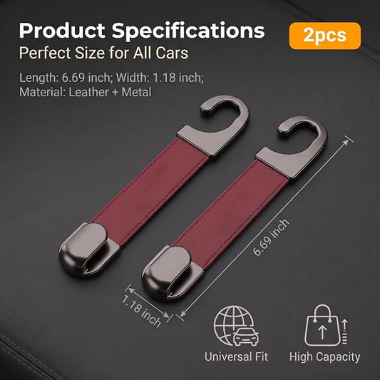 2PCS Leather Metal Car Headrest Hanger, Simple Style Car Seat Headrest Hooks, Multi-Purpose Car Seat Back Organizers, Universal for Purses, Handbags, Bags (Red) - Image 2