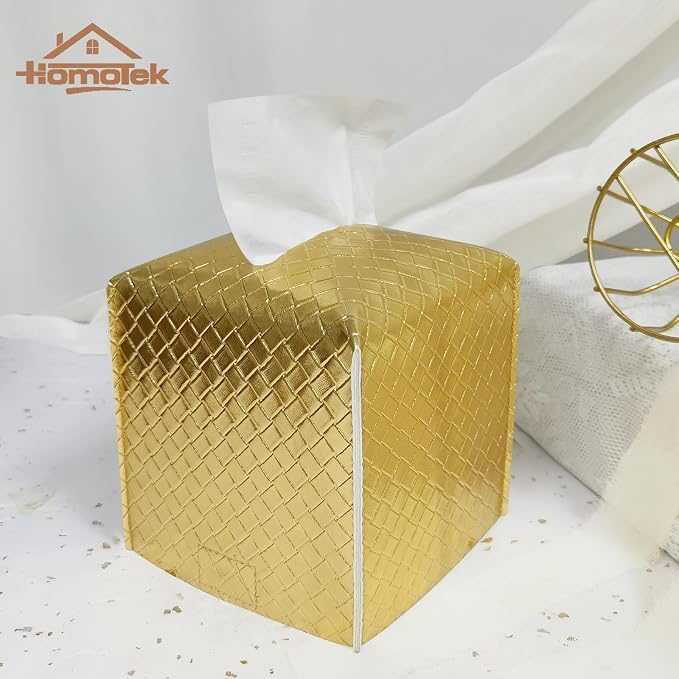 HOMOTEK 2 Pack Tissue Box Cover, Square PU Leather Tissue Holder, Decorative Facial Tissue Cube Paper Organizer Dispenser for Bathroom, Night Stands, Desk, Car 5X5X5'' - Woven Waffle, Brass - Image 3