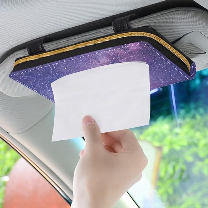 Biyejit Car Visor Tissue Holder, Purple Galaxy Print Car Mask Holder, Car Sun Visor Napkin Holder Backseat Tissue Case，Pu Leather Tissues Box, 1 Pack - Image 3