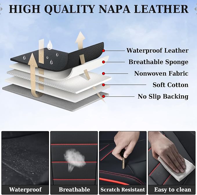 Coverado Car Seat Covers Full Set, Seat Covers for Cars, Car Seat Cover, Car Seat Protector, Nappa Leather Car Seat Cushion, Waterproof Car Seat Covers Front Seats and Back Fit for Most Cars (Redline) - Image 9