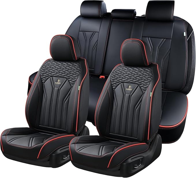 Leather Seat Covers Full Set Car Seat Protectors 5 Seats Automotive Seat Covers Universal Fit for Most Cars Trucks SUV-Black&Red Line by FLORICH