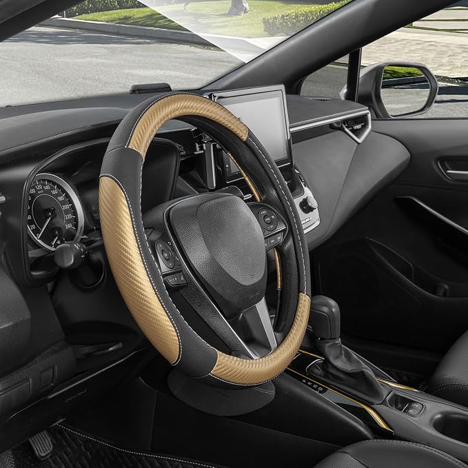 SEG Direct Car Steering Wheel Cover 14.5"-15" Golden Carbon Fiber Pattern | Universal Medium Standard Size 37-39cm for Car Truck SUV, Black Microfiber Leather, Non-Slip Grip, Auto Interior Accessories - Image 7