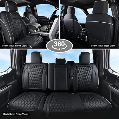 Coverado Premium Leather Full Set Seat Covers Waterproof Heavy-Duty Protectors Custom Fit for Ford F150 (2015-2026) F250/F350/F450 (2017-2026)-Black w/White Stitching, Wear-Resistant - Image 8