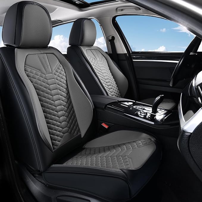 Coverado Seat Covers Full Set, Waterproof Nappa Leather Seat Covers for Cars, 5 Seats Universal Car Seat Protectors, Black and Gray Automotive Seat Covers Car Seat Cushions Fit for Most Cars - Image 2