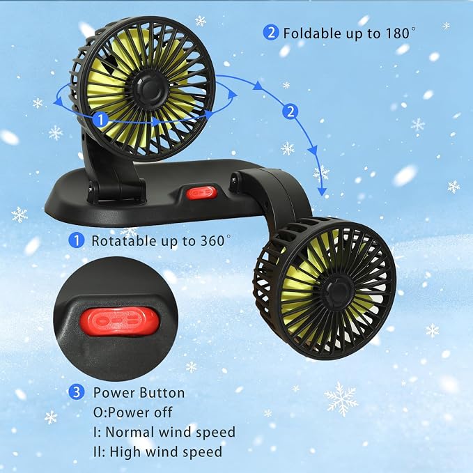 12V Dual Head Car Cooling Fan for Broken AC, 360° Rotatable | Cigarette Lighter Plug, 2-Speed Quiet Brushless. No-Block Dashboard Design. Light Truck, Van, RV, Backseat Passengers. - Image 5