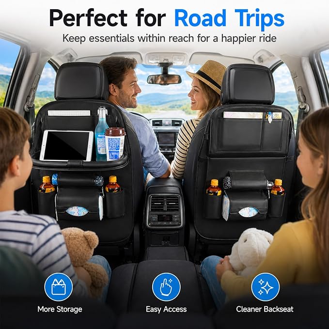 Universal Foldable Car Backseat Organizer with Table Tray, Car Seat Back Protector with Touch Screen Phone Holder, Premium Leather Kick Mats with Storage Pockets Tissue Holder (Black) - Image 8