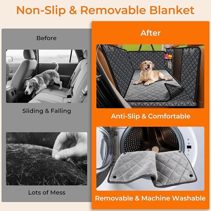 URPOWER Hard Bottom Dog Car Seat Cover, Back Seat Extender with Blanket | 400 lbs Support, 45% More Space, Waterproof, Mesh Window, Scratch Resistant, Non-Slip, Easy Care, Dog Seat Belt Included - Image 3