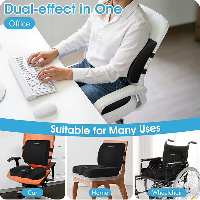 CushZone X-Large Seat Cushion and Lumbar Support Pillow for Office, Black | Thick Memory Foam for Sciatica Pain Relief & Posture Correction, Non-Slip Chair Cushions for Car, Wheelchair and Travel - Image 5
