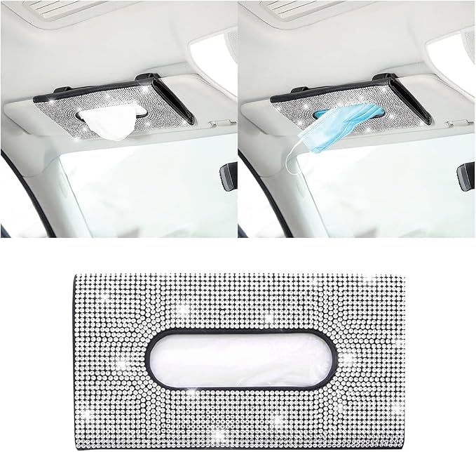 Bling Car Sun Visor Tissue Box Holder, Rhinestone PU Leather Crystal Sparkling Napkin Holder, Backseat Paper Towel Cover Case Car Accessories for Women (White) by Unknown