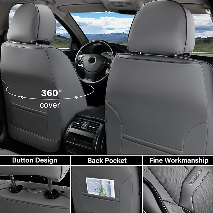 Coverado Seat Covers, Car Seat Covers Front Seats, Premium Nappa Leather Seat Covers for Cars, Waterproof Car Seat Protector with Lumbar Support, Front Seat Covers Universal Fit for Most Cars (Gray) - Image 2
