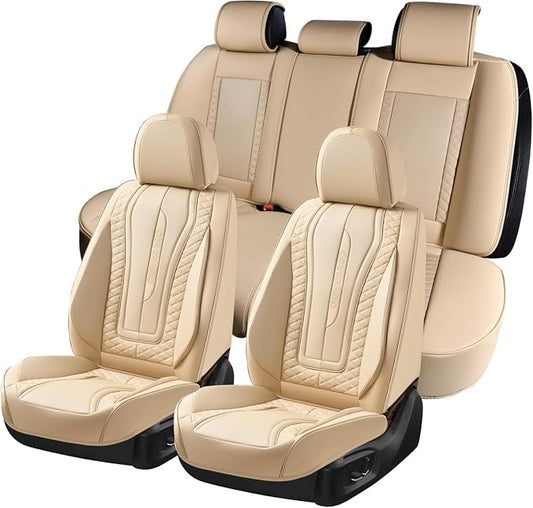 Coverado Car Seat Covers Full Set, Leather Seat Coversfor Cars, Front and Back Seat Covers, Waterproof Car Seat Protectors Car Seat Cushions Universal for Most Vehicles, Beige by COVERADOAUTO