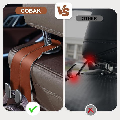 CoBak Purse Hook for Car - Universal Premium Stitched Leather and Aluminum-Magnesium Alloy Double Car Seat Back Storage Hook for Purses, Handbags, Bags (2 Pack),Russet Brown - Image 2