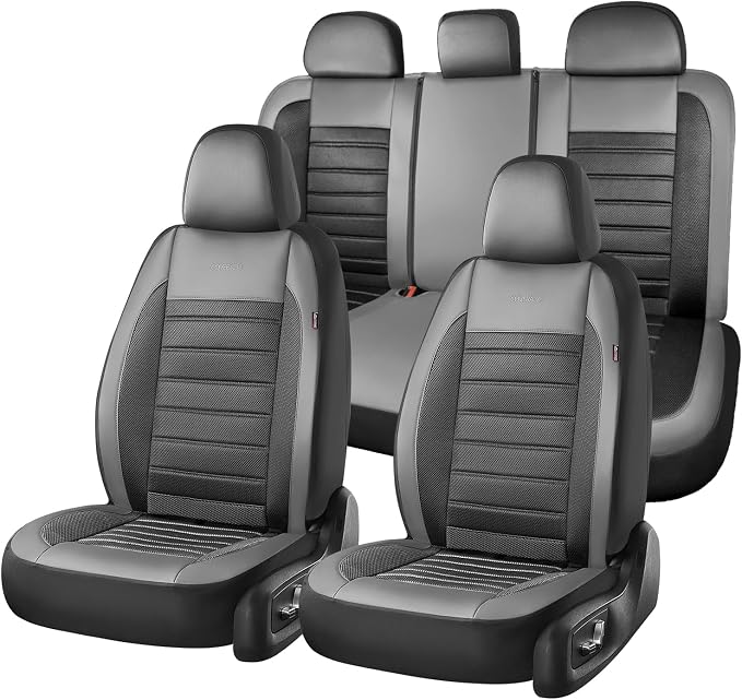 Coverado Car Seat Covers Full Set, Luxury Leather Car Seat Protector, Automotive Front and Rear Mesh Seat Covers, Full Set 5 Seats, Black Gray Seat Cushion for SUV Sedan Truck by COVERADOAUTO
