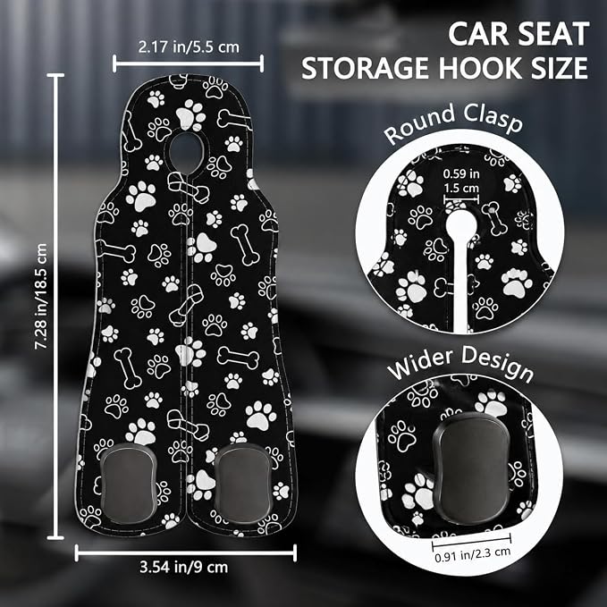 Cute Black Paw Car Seat Back Storage Headrest Hooks for Purses & Bags – 2PCS PU Leather Dual Metal Hooks, Backseat Organizer Accessories - Image 2