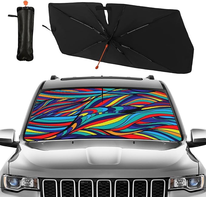 Neon Wave Print Car Sunshade Umbrella Colorful Neon Windshield Sun Shade for Car Retractable Umbrella Sunshades for Front Window Sun Shades Cover Visor Portector Block UV Ray - Image 2