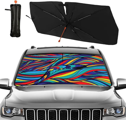 Neon Wave Print Car Sunshade Umbrella Colorful Neon Windshield Sun Shade for Car Retractable Umbrella Sunshades for Front Window Sun Shades Cover Visor Portector Block UV Ray - Image 2