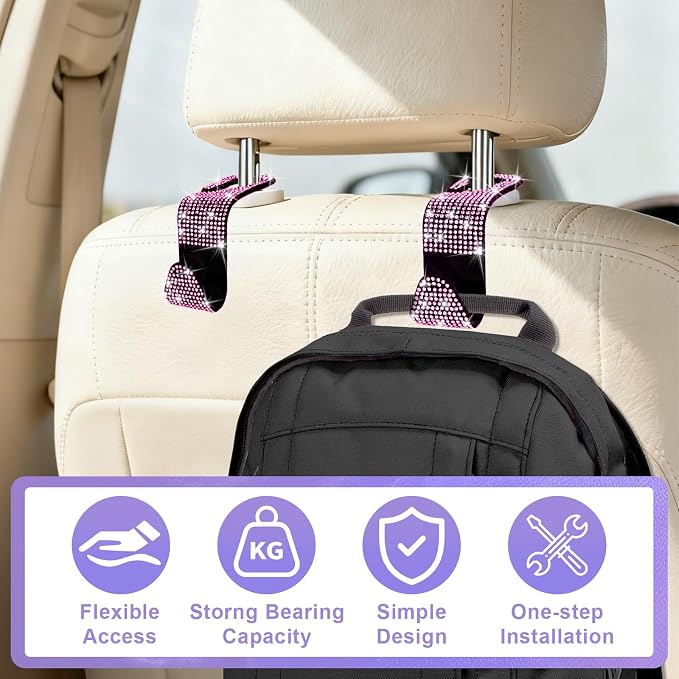 BFXM 6 Pack Car Seat Headrest Hooks,Car Accessories Bling Pink | Back Seat Purse Hanger Holder Hook, Universal Storage Organizer for Handbag Grocery Bags Coats - Image 6